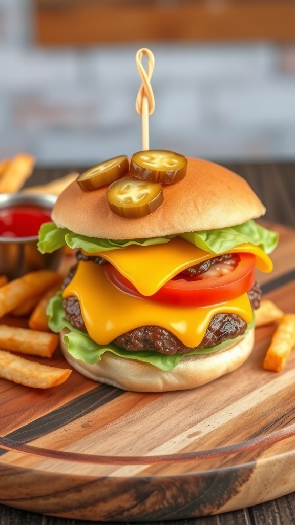 A classic cheeseburger with melted cheese, lettuce, tomato, and pickles on a toasted bun, served with fries.